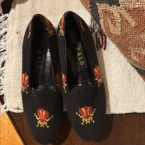 ZALO Elegant Black Loafers with Embroidery